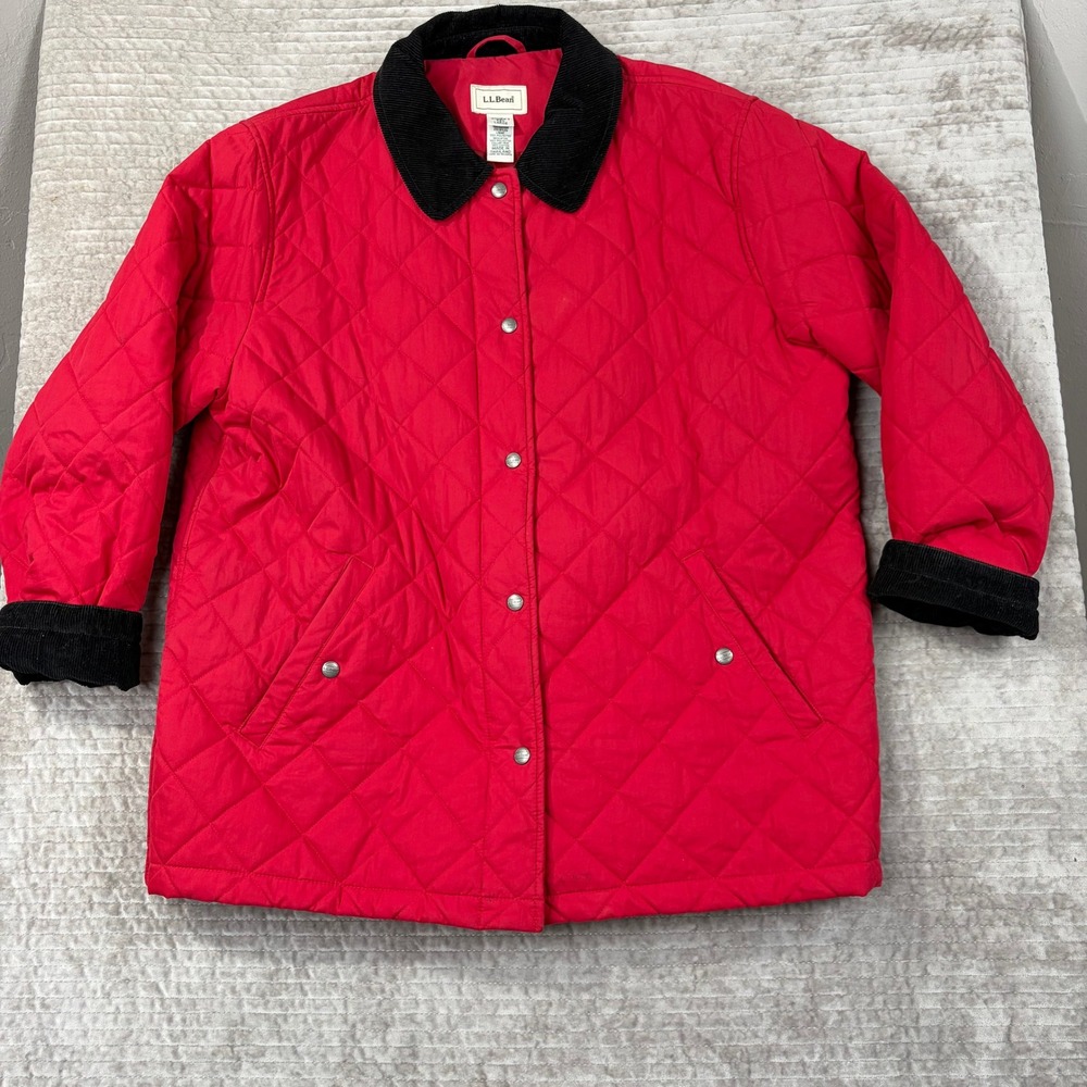 LL Bean Red Quilted Barn Jacket Womens Large Corduroy Trim Thermore OHJ05